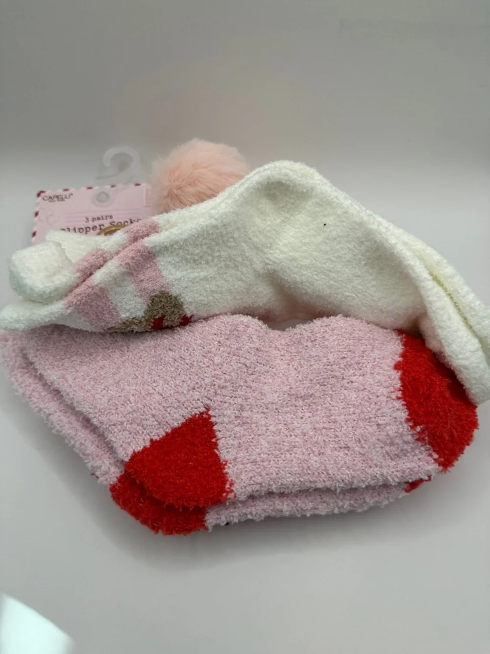 3x Pair Slipper Fuzzy Socks with Bonus Bag Charm